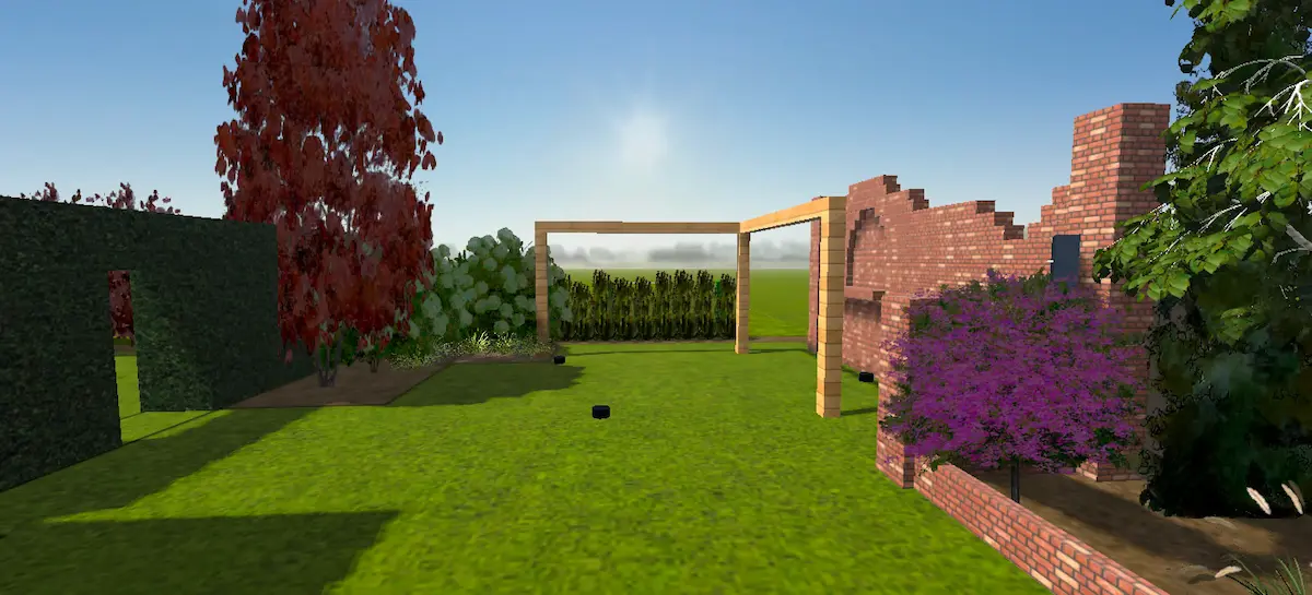 Wizualizacja 3D ogrodu z pergolą i murem ceglanym - Łącko