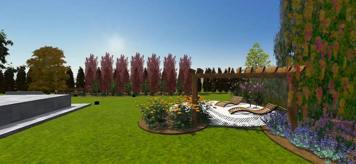 Wizualizacja 3D rabaty z pergolą i niebieskimi kwiatami - Łącko