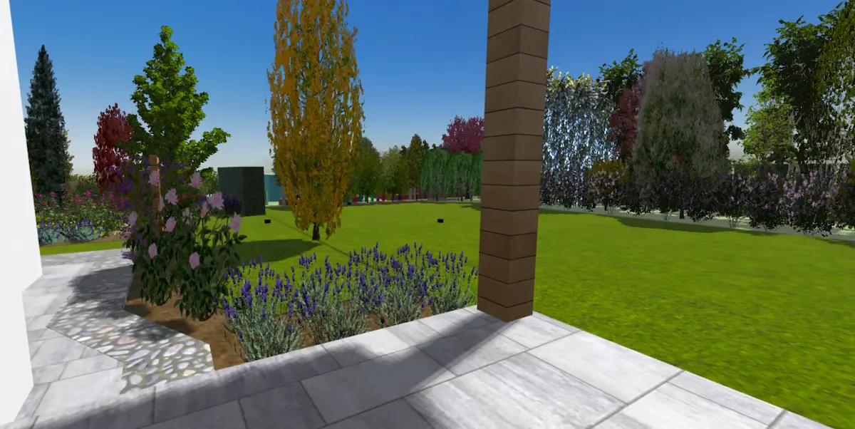 Wizualizacja 3D tarasu z lawendą i pergolą - projektowanie ogrodów
